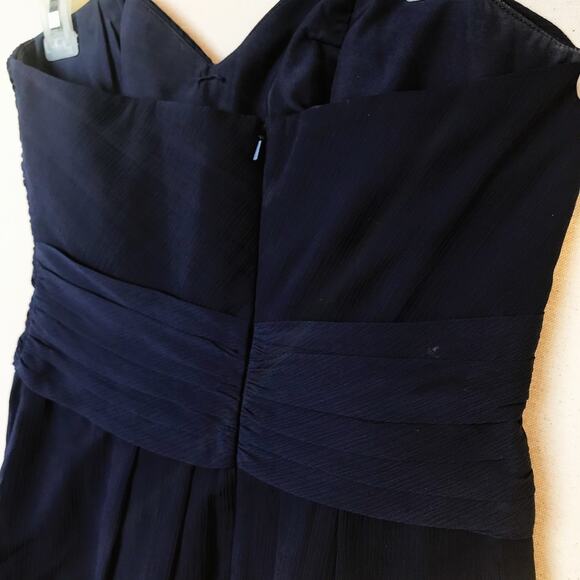 David's Bridal Short Crinkle Chiffon Dress Front Cascade Navy Strapless Mini - Picture 9 of 13